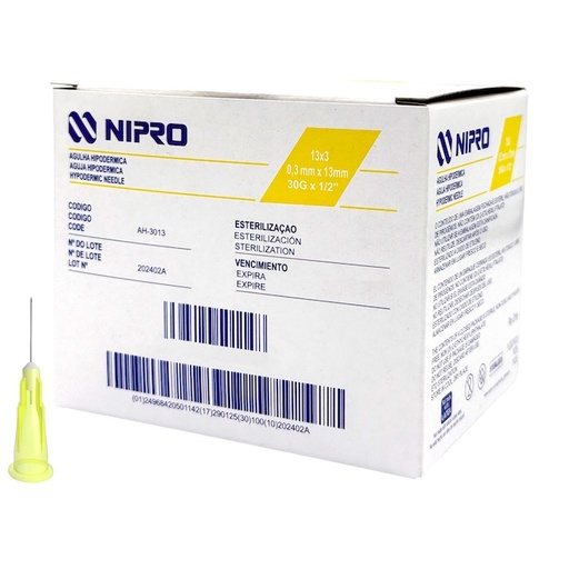 [AH3013] Aguja Hipodérmica 30G x 13mm (1/2”) color Amarillo NIPRO Caja con 100 Piezas