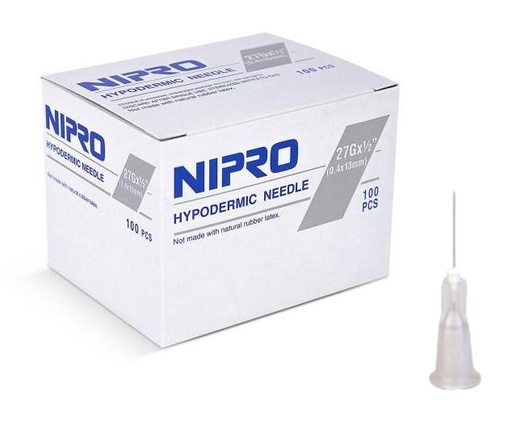 [AH2713] Aguja Hipodérmica 27G x 13mm (1/2”) Gr NIPRO Caja con 100 Piezas