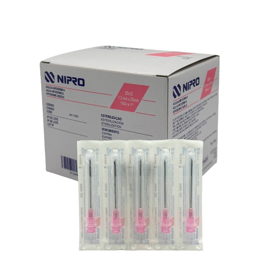 [AH1825] Aguja Hipodérmica 18G x 25mm (1”) Rosa NIPRO Caja con 100 Piezas