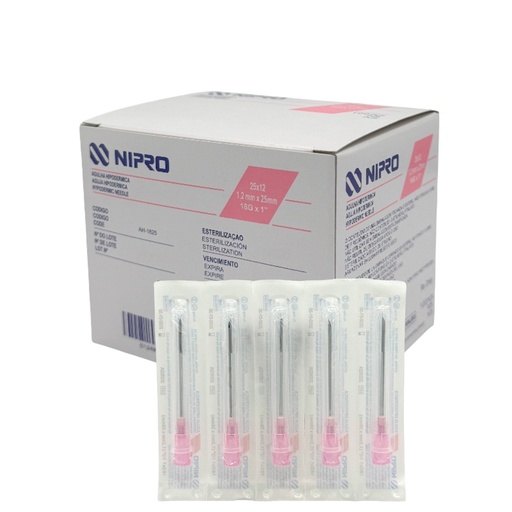 [AH1825] Aguja Hipodérmica 18G x 25mm (1”) Rosa NIPRO Caja con 100 Piezas