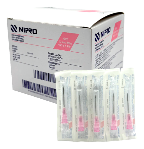 [AH1838] Aguja Hipodérmica 18G x 38mm (1 1/2”) Rosa NIPRO Caja con 100 Piezas