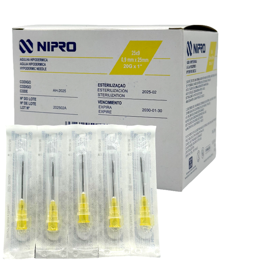 [AH2025] Aguja Hipodérmica 20G x 25mm (1”) Amarillo NIPRO Caja con 100 Piezas