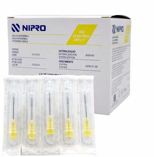 [AH2025] Aguja Hipodérmica 20G x 25mm (1”) Amarillo NIPRO Caja con 100 Piezas