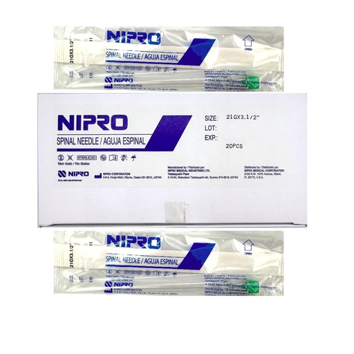 [AE2190] Aguja espinal 21G x 3/2” punta cortante tipo Quincke. Caja Con 20 Piezas. NIPRO
