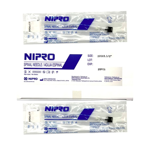 [AE2290] Aguja espinal 22G x 3/2” punta cortante tipo Quincke. Caja Con 20 Piezas. NIPRO