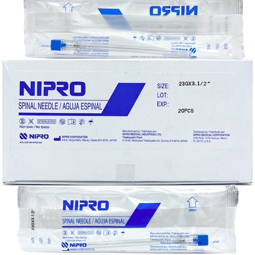 [AE2390] Aguja espinal 23G x 3-1/2” con punta cortante tipo Quincke. Caja Con 20 Piezas. NIPRO