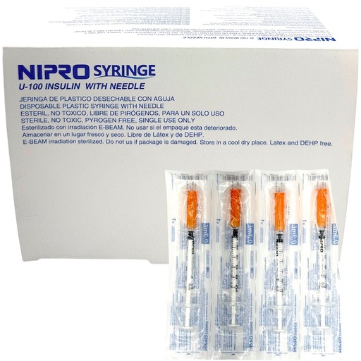 [JD-0.3U3008] Jeringa para insulina de 0.3 Ml con Aguja fija 30G x 8mm NIPRO Caja con 100 Piezas