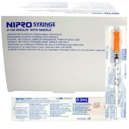 [JD-0.3U3108] Jeringa para insulina de 0.3 Ml con Aguja 31G x 8mm NIPRO Caja con 100 Piezas