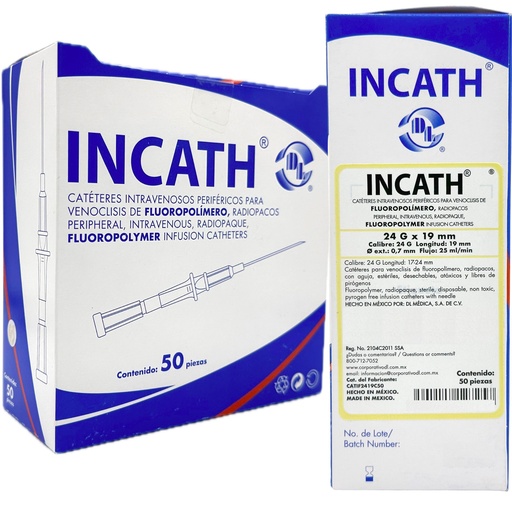 [INCATH F24G17-24 (060.166.0103)] Catéter para venoclisis de Fluoropolímeros Radiopaco Longitud: 17-24 mm Calibre: 24 G Envase con 50 piezas INCATH 