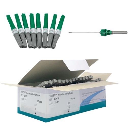 [080.025.0052 (TC-450076-6M )] Aguja para toma múltiple o sencilla 21G X 38 mm (1 1/") Verde caja con 100 Piezas NIPRO