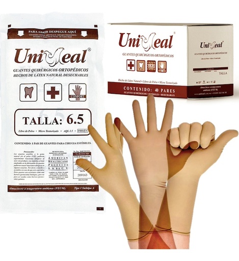 [(060.456.0300) 026-6.5] Guante Quirúrgico Ortopédico de Látex color café. Talla 6.5 Caja con 40 pares Uniseal