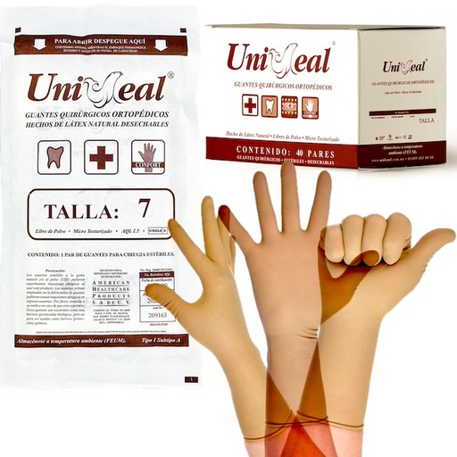 [(060.456.0318) 026-7] Guante Quirúrgico Ortopédico de Látex color café. Talla 7 Caja con 40 pares Uniseal 