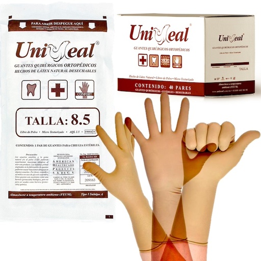 [(060.456.0367) 026-8.5] Guante Quirúrgico Ortopédico de Látex color café. Talla 8.5 Caja con 40 pares Uniseal