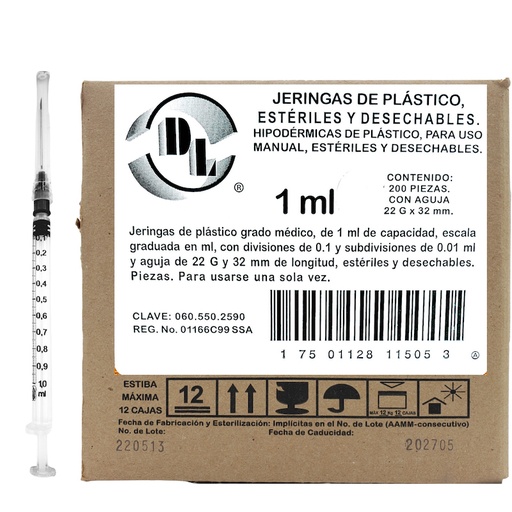 [060.550.2590 (J012232P CAJA)] Jeringas de plástico 1 ml con aguja calibre 22 G x 32 mm.  Caja C/ 200 Piezas.