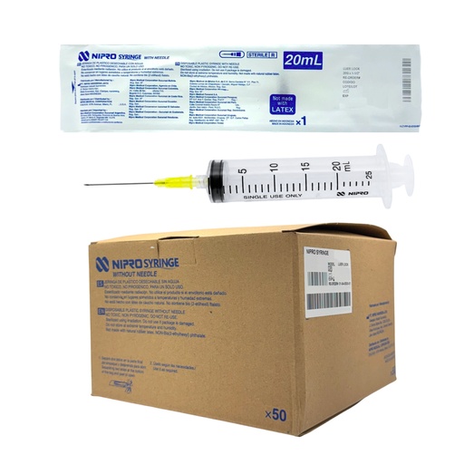 [JD-20L2038] Jeringas de plástico 20 ml con aguja 20G x 38mm. Caja con 50 piezas. NIPRO