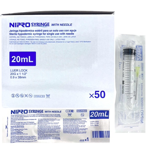 [JD-20L2038-JB] Jeringas de plástico 20 ml con aguja 20x38. Caja con 50 piezas. NIPRO