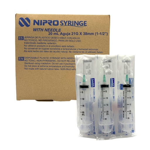 [JD-20L2138] Jeringas de plástico 20 ml con aguja 21x38. Caja con 50 piezas. NIPRO