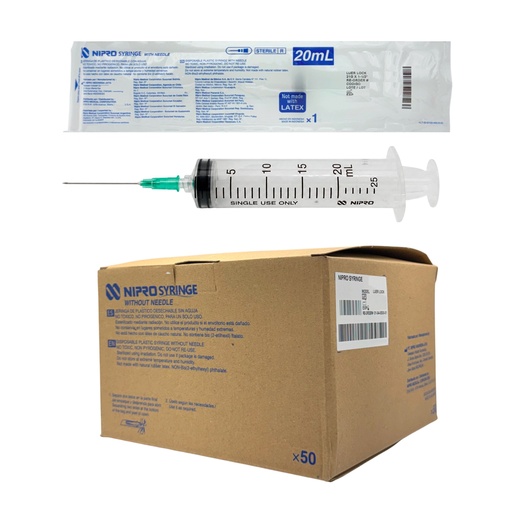 [JD-20L2138] Jeringas de plástico 20 ml con aguja 21x38. Caja con 50 piezas. NIPRO