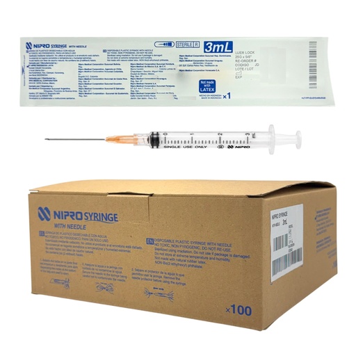[JD-03L2516] Jeringas de plástico 3 ml con aguja 25G x 16mm. Caja con 100 piezas. NIPRO