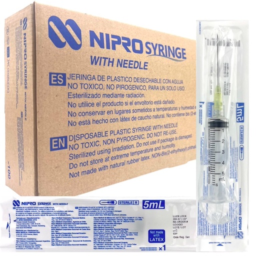 [JD-05L2038] Jeringas de plástico 5 ml con aguja 20Gx38mm. Caja con 100 piezas. NIPRO