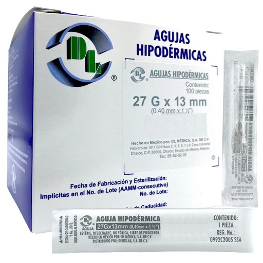 [AGH27X13] Aguja Hipodérmica 27G x 13mm (1/2”) Gr DL Caja con 100 Piezas 