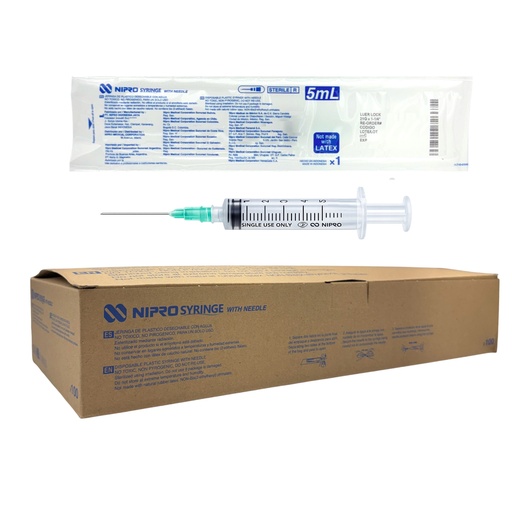 [060.550.0685 (JD-05L2132-SB)] Jeringa de plástico 5 ml con aguja 21×32. Caja con 100 piezas NIPRO