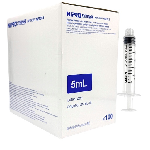 [060.550.0438 (JD-05L)] Jeringa de plástico 5 ml sin aguja. Caja con 100 piezas NIPRO