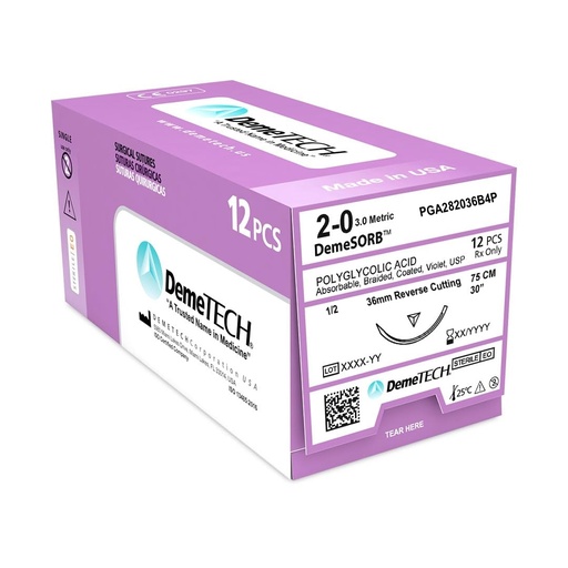 [1222800] Sutura Acido Poliglicolico 2-0 aguja Reverso Cortante 36 mm 1/2 circulo hebra de 75 cm color Violeta. Caja con 12 (VICRYL)