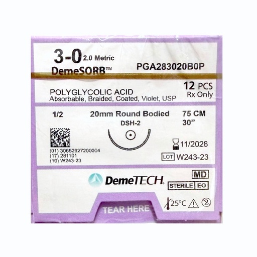 [1222950] Sutura Acido Poliglicolico 3-0 aguja Ahusada 20 mm 1/2 circulo hebra de 75 cm color Violeta 1222950 