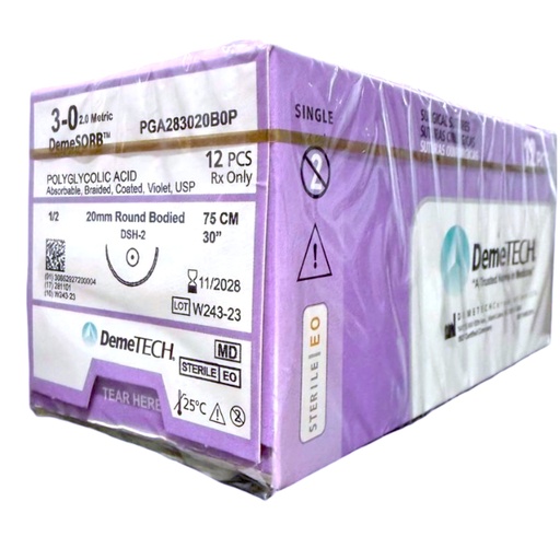 [1222950] Sutura Acido Poliglicolico 3-0 aguja Ahusada 20 mm 1/2 circulo hebra de 75 cm color Violeta 