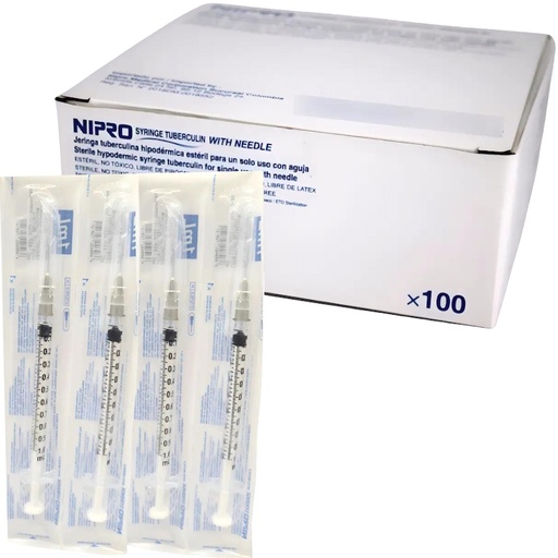 [JD-01T2713 (060.550.0636)] Jeringa de plástico de 1 ml con aguja 27G × 13mm para aplicación de Tuberculina. Caja con 100 piezas NIPRO