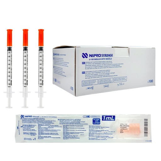 [JD-01U2713] Jeringa para insulina 1 ml. con aguja calibre 27 G x 13 mm Caja con 100 piezas NIPRO
