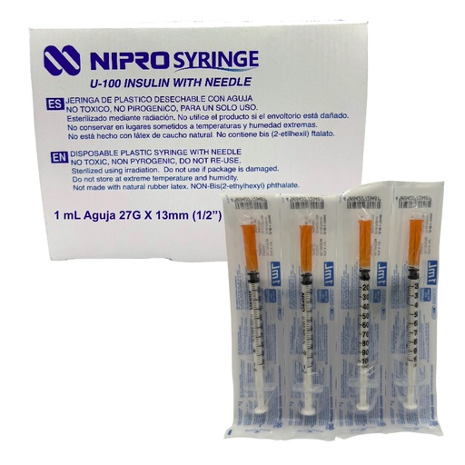 [JD-01U2713] Jeringa para insulina 1 ml. con aguja calibre 27 G x 13 mm Caja con 100 piezas NIPRO