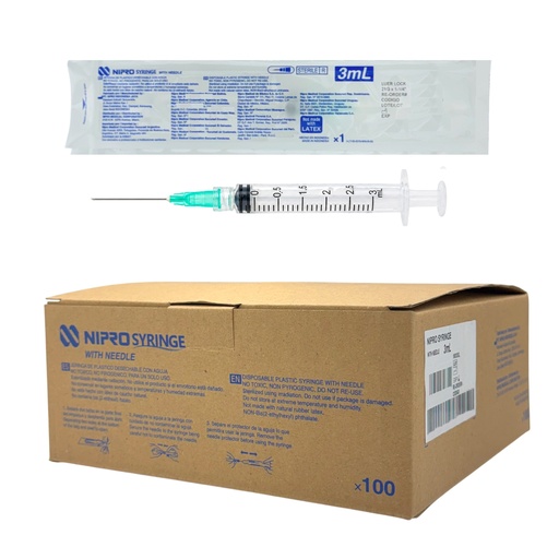 [JD-03L2132] Jeringas de plástico 3 ml con aguja 21Gx32mm. Caja con 100 piezas. NIPRO  