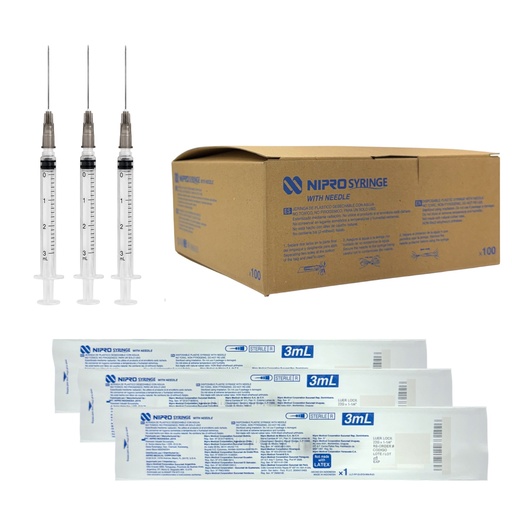 [JD-03L2232] Jeringas de plástico 3 ml con aguja 22G x 32mm. Caja con 100 piezas. NIPRO   