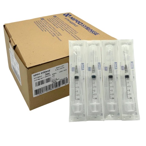 [JD-03L2232] Jeringas de plástico 3 ml con aguja 22Gx32mm. Caja con 100 piezas. NIPRO   