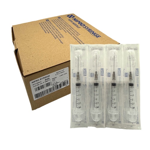[JD-03L2232] Jeringas de plástico 3 ml con aguja 22Gx32mm. Caja con 100 piezas. NIPRO   