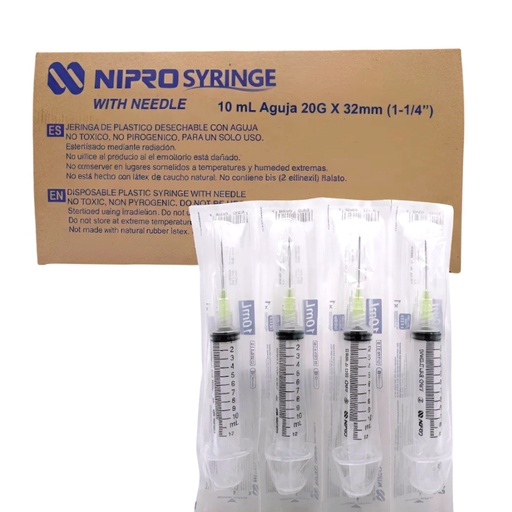 [JD-10L2032] Jeringa de plástico de 10 ml con aguja 20G × 32mm. Caja con 100 NIPRO 