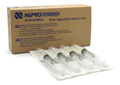 [JD-10L2032] Jeringa de plástico de 10 ml con aguja 20G×32mm. Caja con 100 NIPRO 