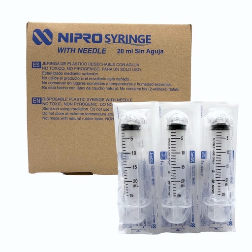 [JD-20L] Jeringas de plástico 20 ml Sin aguja. Caja con 50 piezas. NIPRO 
