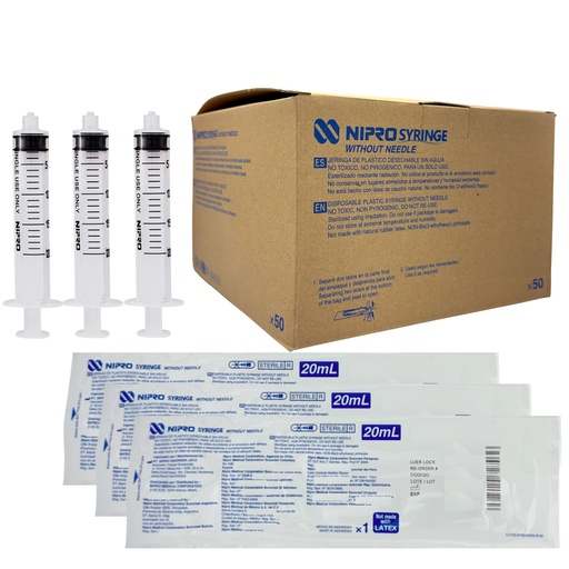 [JD-20L] Jeringas de plástico 20 ml Sin aguja. Caja con 50 piezas. NIPRO 