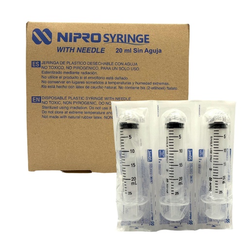 [JD-20L] Jeringas de plástico 20 ml Sin aguja. Caja con 50 piezas. NIPRO 
