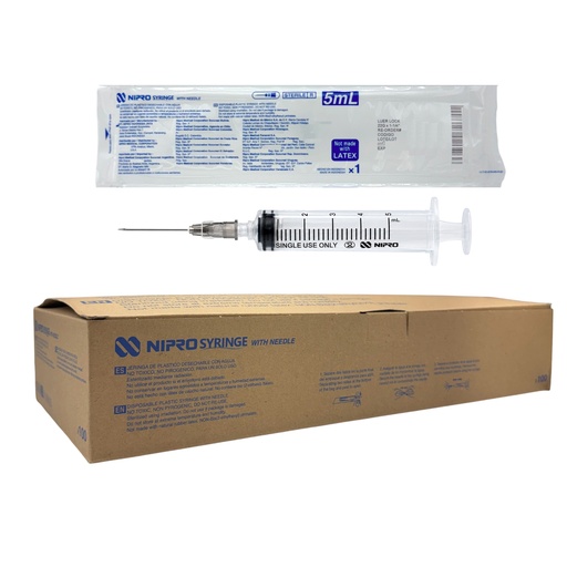 [JD-05L2232] Jeringa de plástico 5 ml con aguja 22×32. Caja con 100 piezas NIPRO 