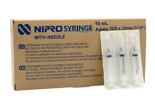 [JD-10L2232] Jeringa de plástico de 10 ml con aguja 22G×32mm. Caja con 100 NIPRO 