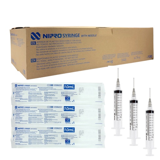 [JD-10L2232] Jeringa de plástico de 10 ml con aguja 22G×32mm. Caja con 100 NIPRO 