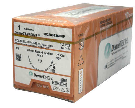 [060.842.0303 (1221650)] Sutura monocryl 1 épsilon-caprolactona con color hebra 75 cm Aguja ahusada de 1/2 círculo 36 mm. Caja con 12 piezas Demetech