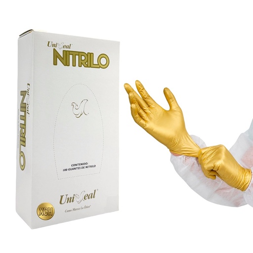 [094A-5MGO] Guante Nitrilo No estéril Metálico UNISEAL Para examen Libre de Polvo Texturizado color Dorado Talla Extra Chico, Caja con 100 guantes.
