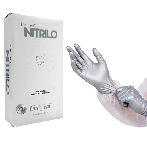 [094A-5MGY] Guante Nitrilo No estéril Metálico UNISEAL Para examen Libre de Polvo Texturizado color Plateado Talla Extra chico, Caja con 100 guantes.