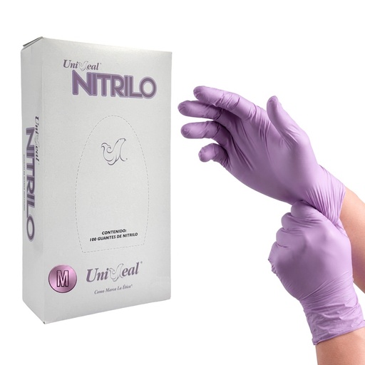 [094A-7MBP] Guante Nitrilo No estéril Metálico UNISEAL Para examen Libre de Polvo Texturizado color Púrpura Talla Mediano, Caja con 100 guantes.