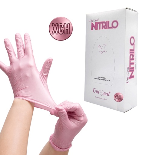 [094A-5MPI] Guante Nitrilo No estéril Metálico UNISEAL Para examen Libre de Polvo Texturizado color Rosa Talla Extra Chico, Caja con 100 guantes. 